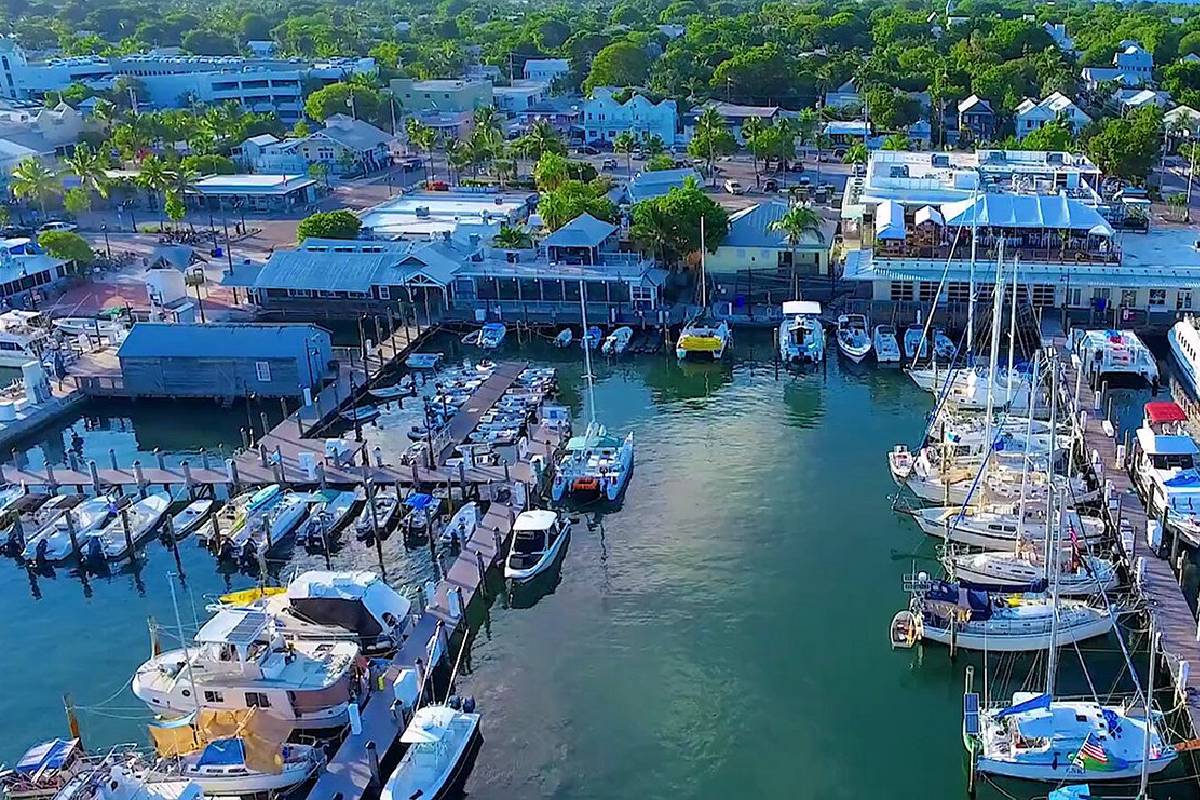 Key West Historic Seaport aerial view of harbor walk tall ships and waterfront restaurants Old Town